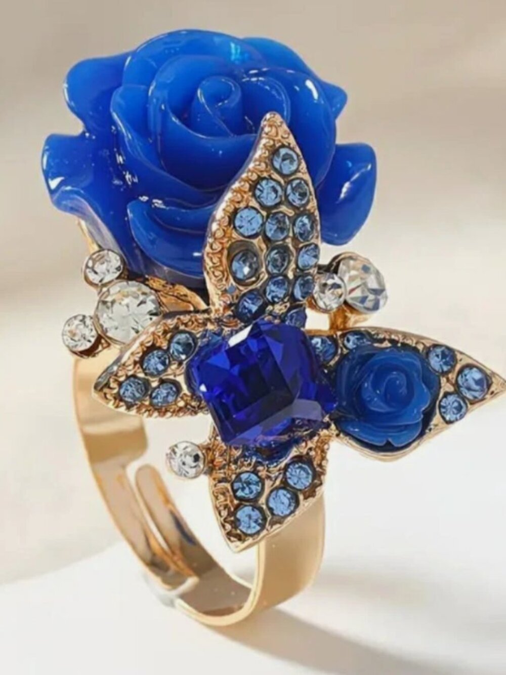 Blue Rose Butterfly Ring Adjustable Crystal Floral Elegant Fashion Jewelry Gift